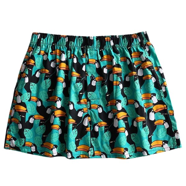 Turquoise toucan-print boxers with black elastic waistband and button fly