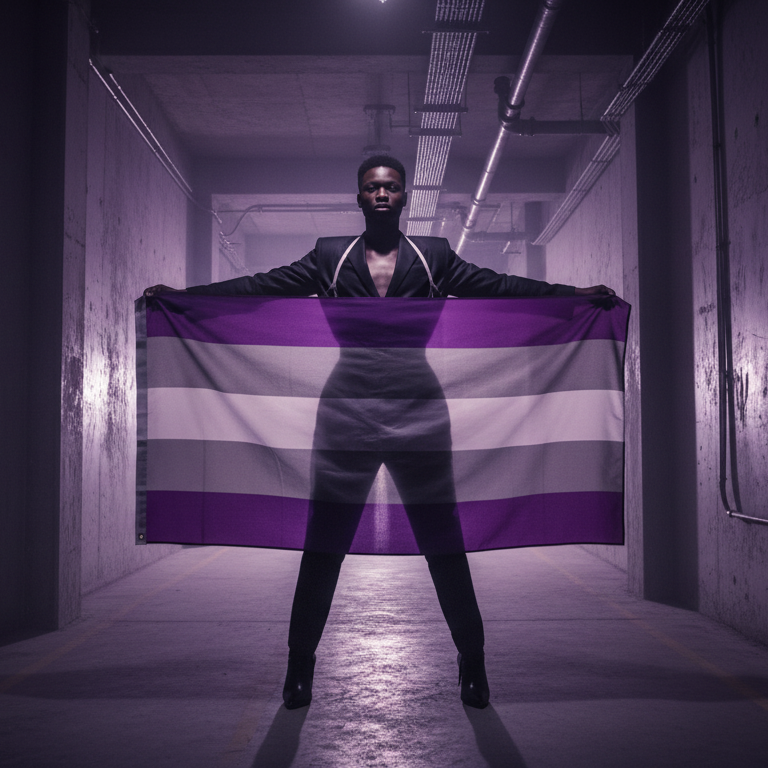 Person in a dark suit holds a purple, gray, and white striped pride flag in a dim corridor