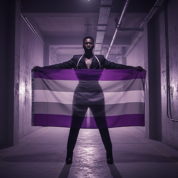 Person in a dark suit holds a purple, gray, and white striped pride flag in a dim corridor
