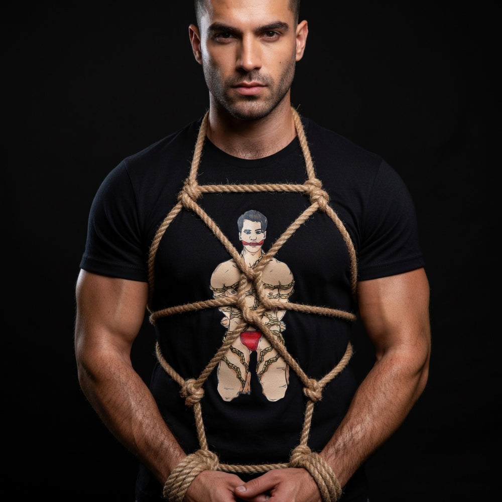 Front-facing model wears a black T-shirt with a shibari-bound figure graphic and real rope harness