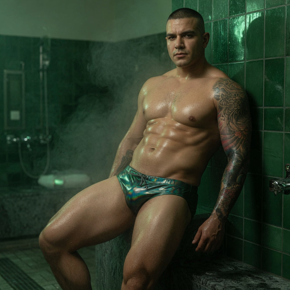 Model wearing iridescent teal faux-leather push-up swim briefs in a steamy tiled shower