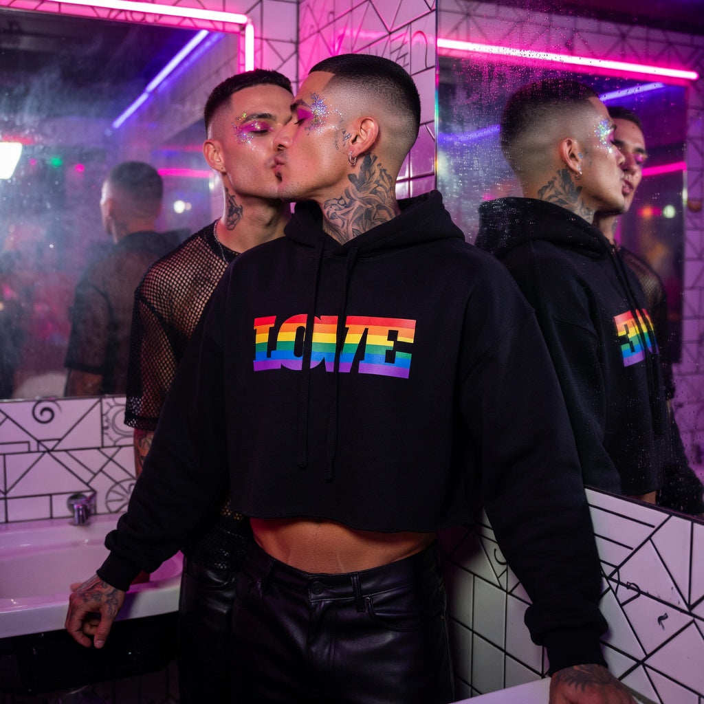 Gay Love Crop Hoodie with rainbow "LOVE" slogan, black mesh shirt; two men kissing joyfully in neon-lit bathroom, queer celebration.