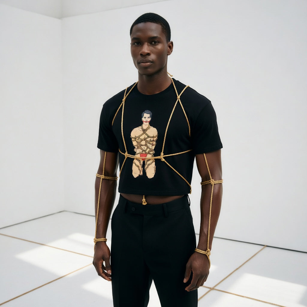 Dark-skinned model in a Shibari Crop Top, featuring a stylized red figure and decorative rope harness, paired with high-waisted black trousers, embodying bold, queer self-expression and prideful confidence.