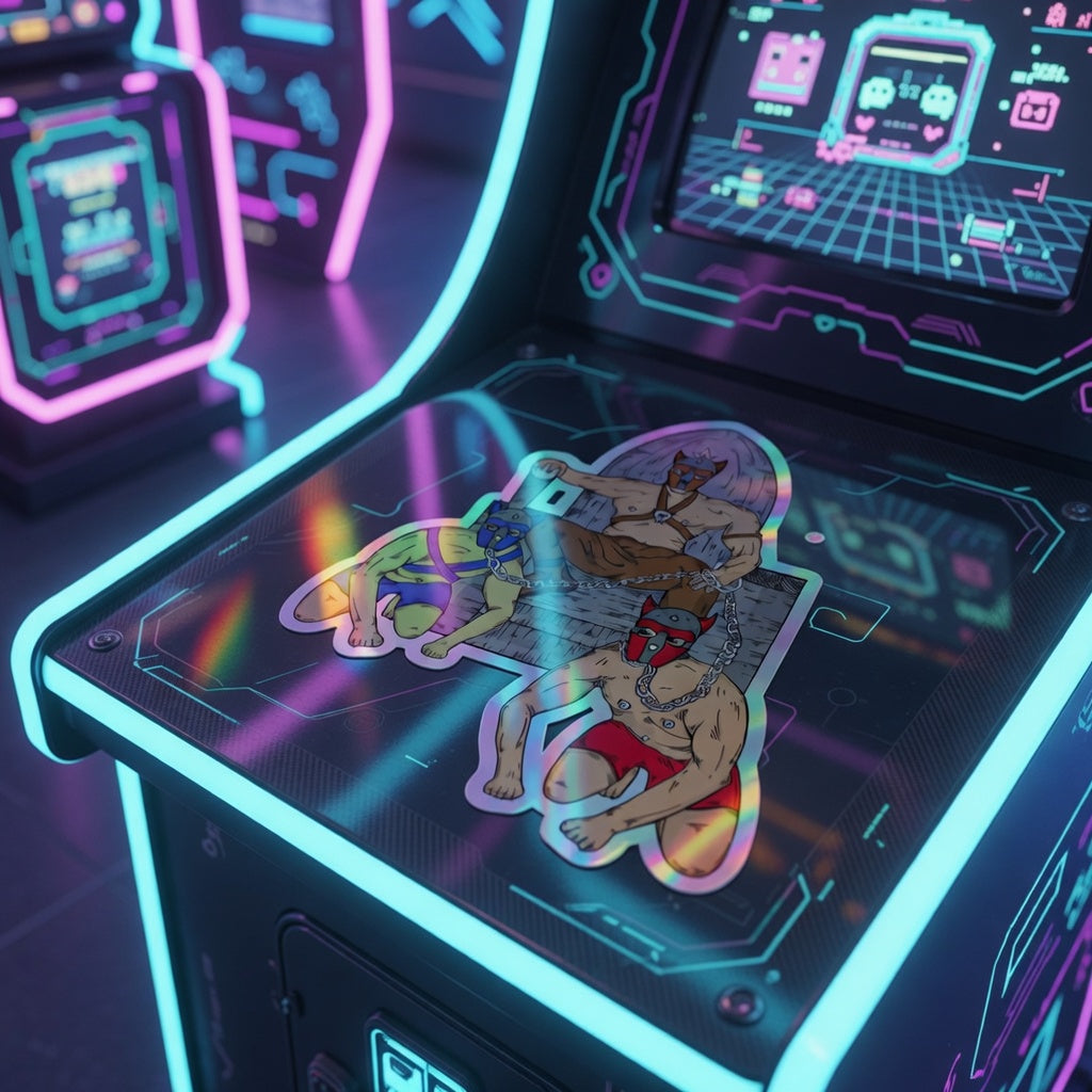 Pup Play Holographic Sticker on a neon cyberpunk arcade console, two masked wrestlers fighting. Blue, pink queer-lit glow behind.