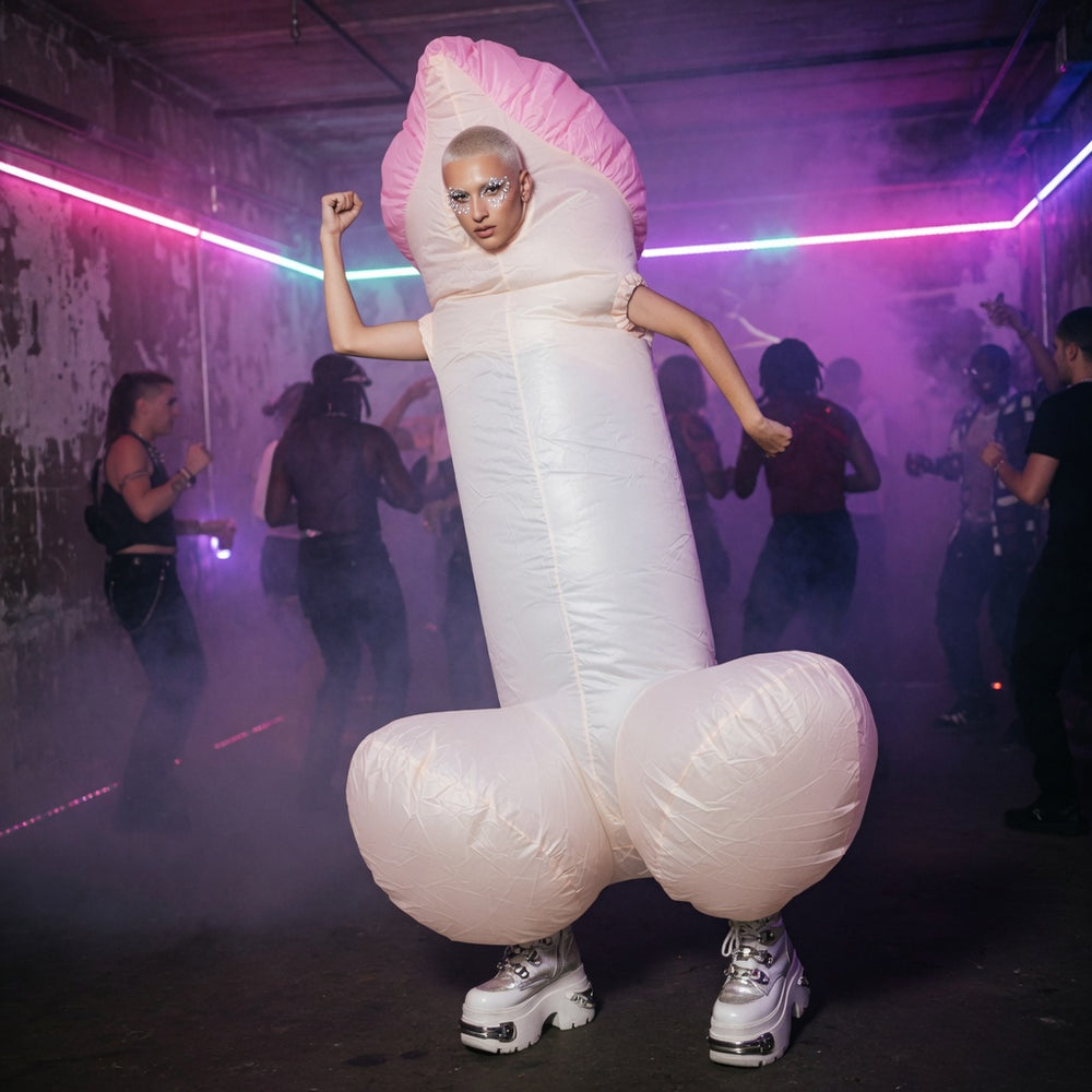 Person wearing an inflatable white penis costume at a neon-lit dance party