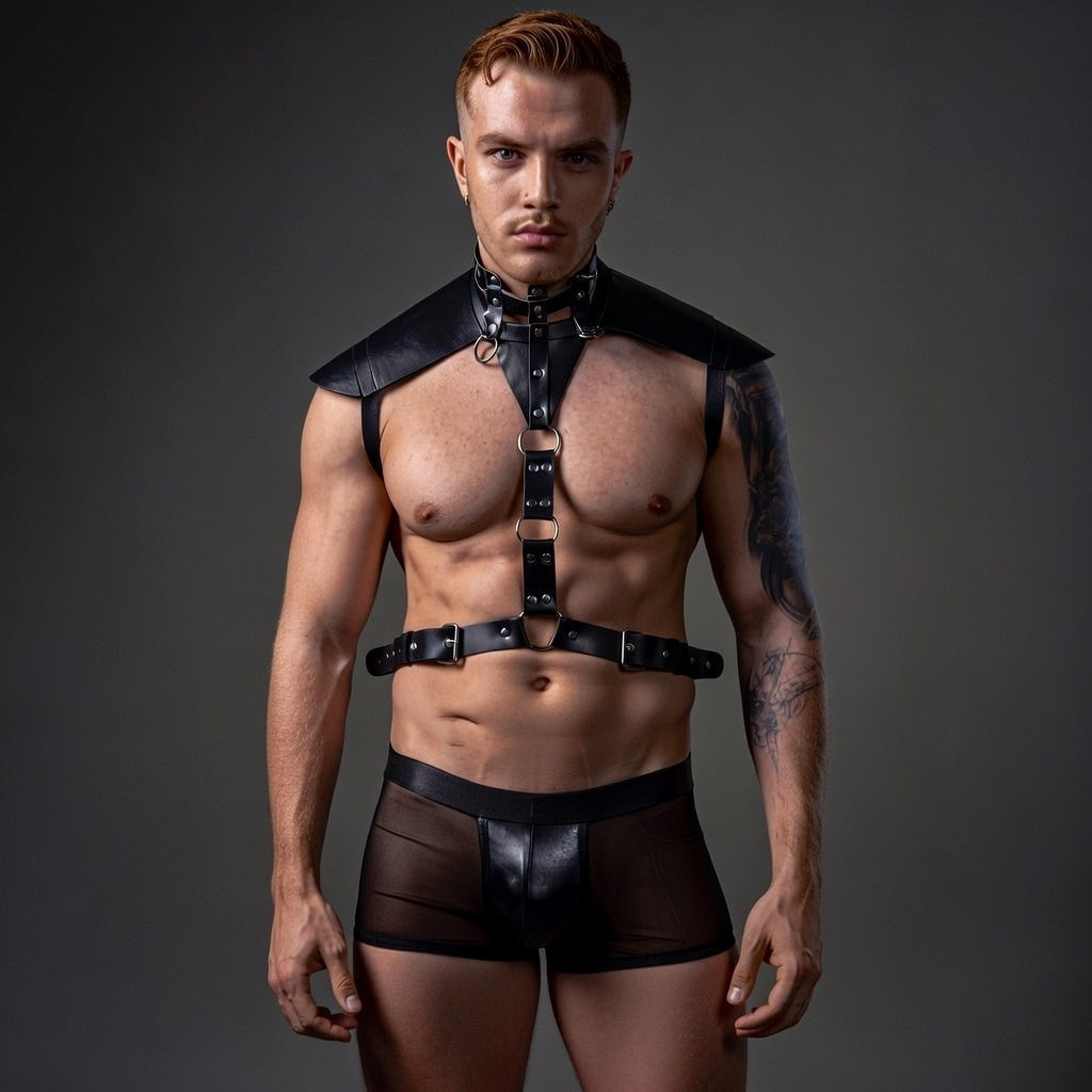 Power Play Dominator Mesh Costume: harness and sheer boxer briefs on a muscular guy, styled hair, giving fierce queer party energy.