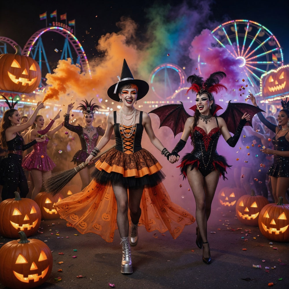 Model wearing a black lace-up witch costume with orange pumpkin-print skirt at a Halloween carnival