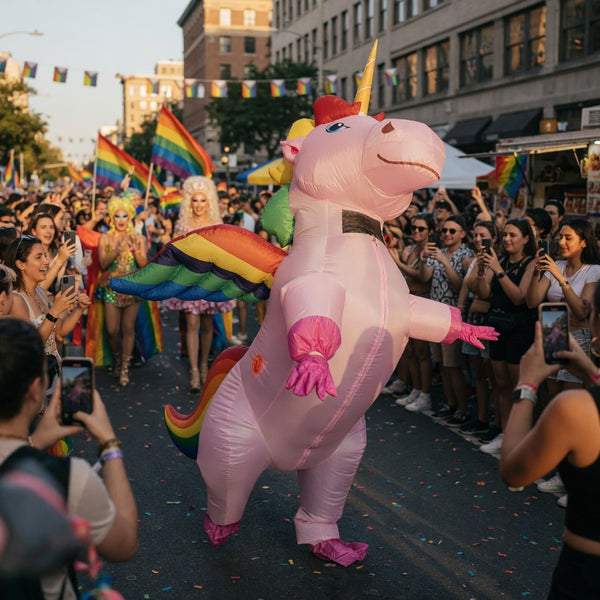 Inflatable pink unicorn costume with rainbow wings and tail at a Pride parade