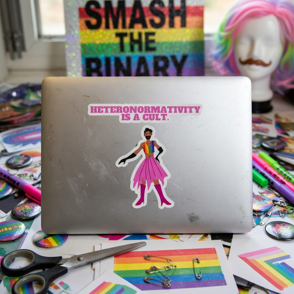Silver laptop with "Heteronormativity Is A Cult" sticker, rainbow-shirt illustration, pride and “SMASH THE BINARY” stickers on desk.