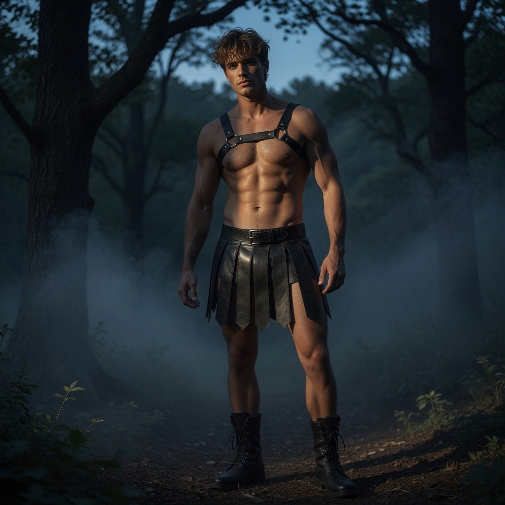 Black gladiator costume with leather-look harness, pleated skirt, belt and combat boots