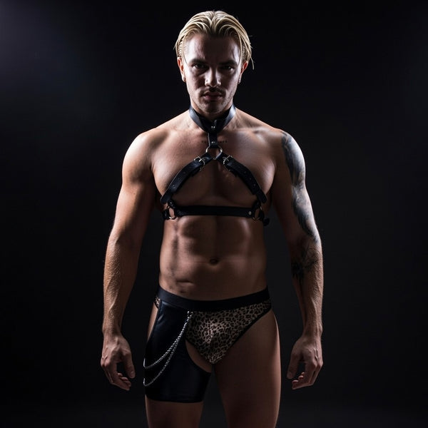 Front-facing model wearing a black leather harness and leopard-print briefs with chains