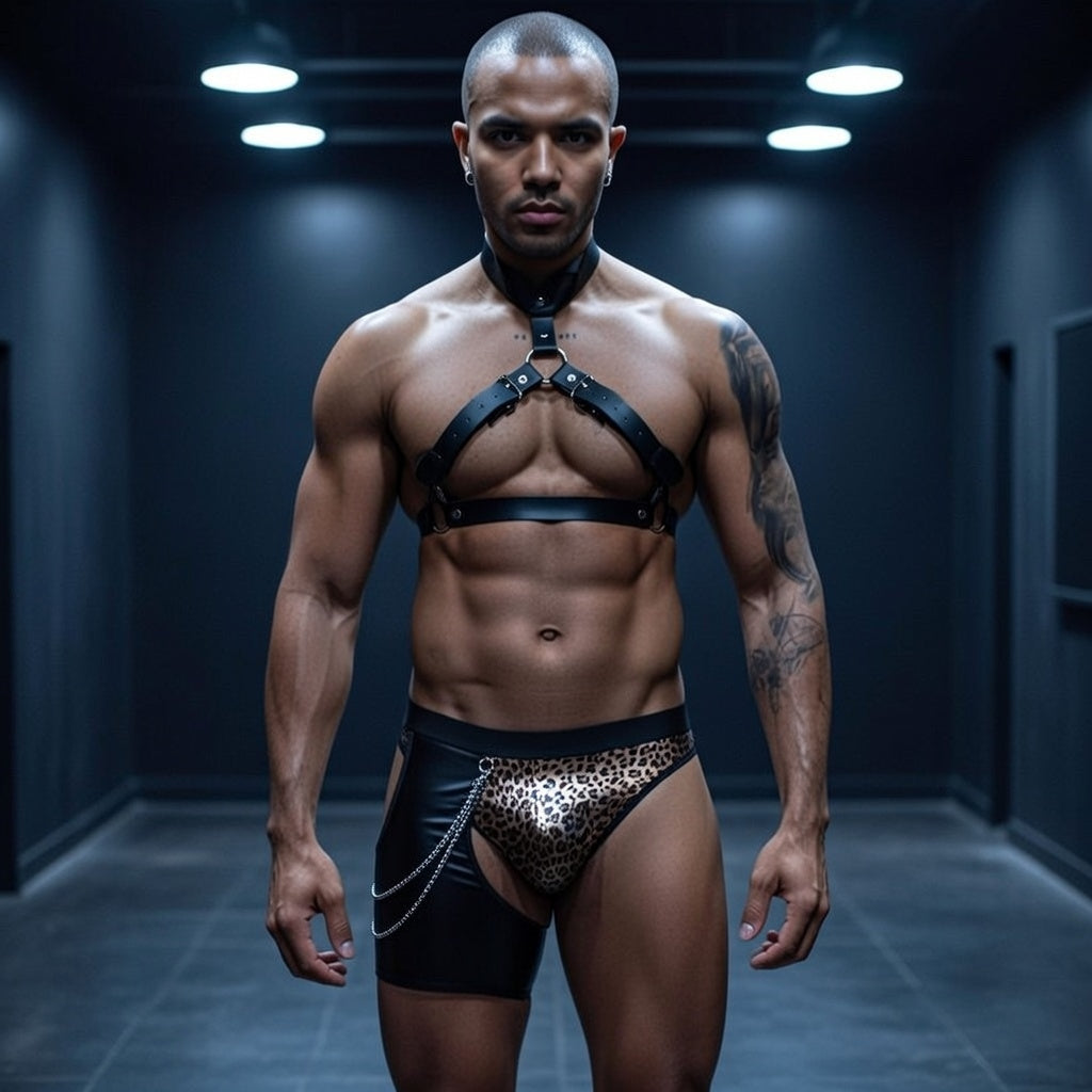 Leopard King Erotic Dom Set: black PU chest harness, collar, briefs, and chain on a tattooed muscular, shaved-head man in a moody corridor.