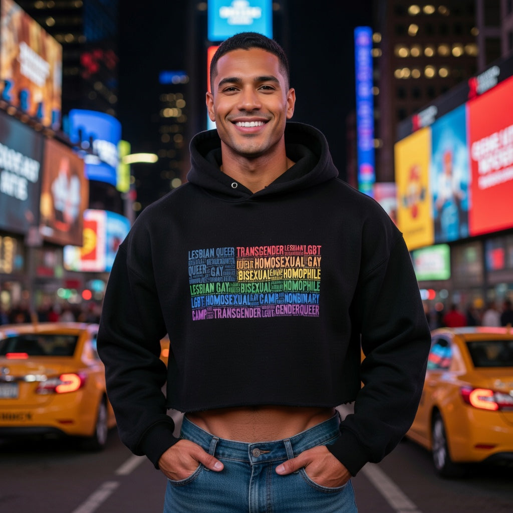 Gay USA Crop Hoodie with bold, colorful LGBTQ+ terms, worn by a smiling man on a lively city street at night.
