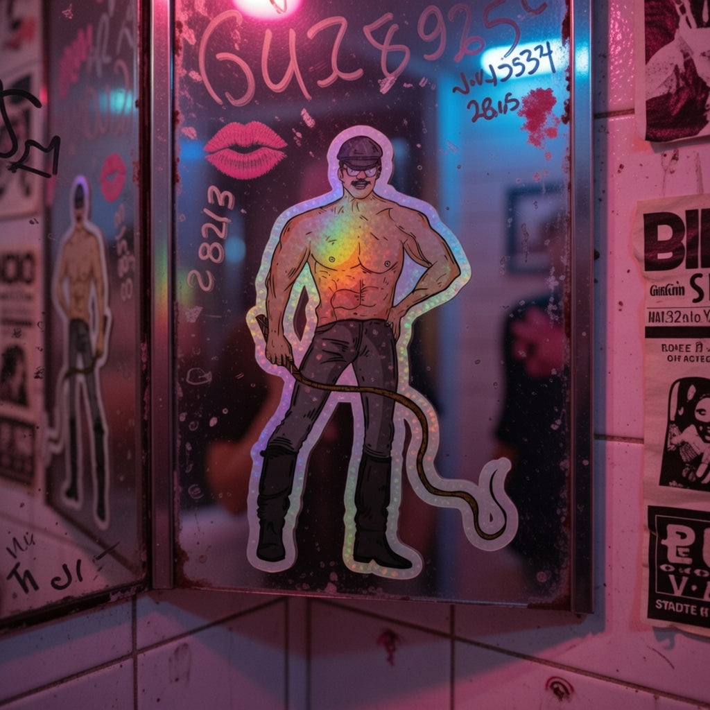 Dominant Daddy Holographic Sticker of a masked, shirtless leather man with whip on grungy mirror; neon rainbow hits queer vinyl decals.