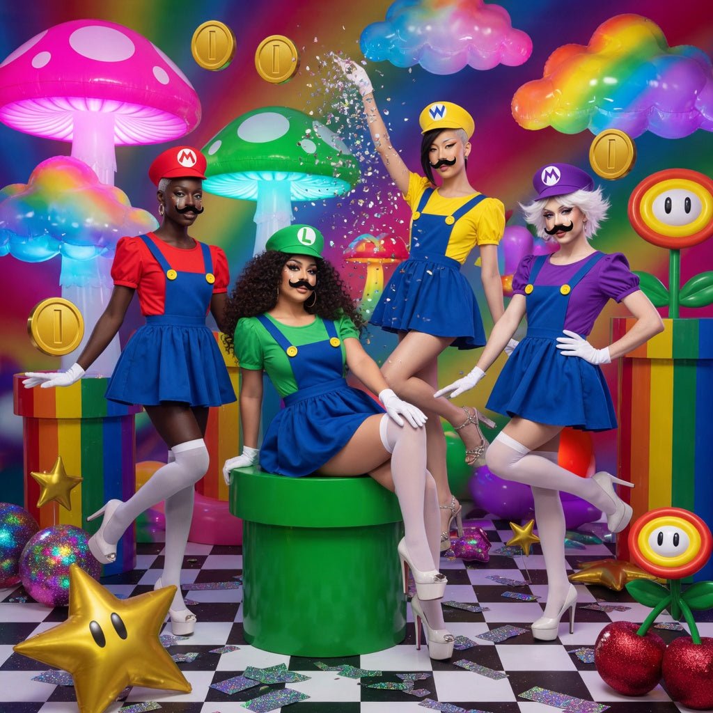 Four models in colorful Mario-inspired costumes with caps, overalls, gloves and platform heels