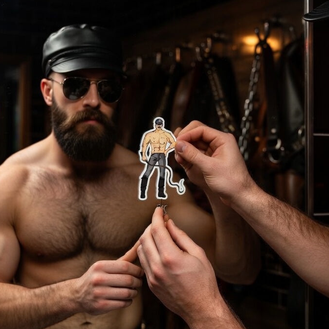 Dominant Daddy Bubble-Free Sticker with a muscle cartoon in leather gear, shown by a shirtless queer man in black cap and shades.
