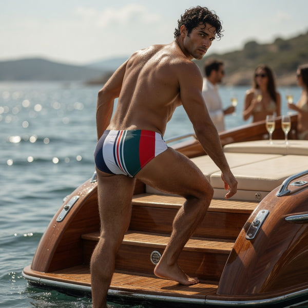 Rear view of a model wearing striped red, green, navy, and white swim briefs on a boat