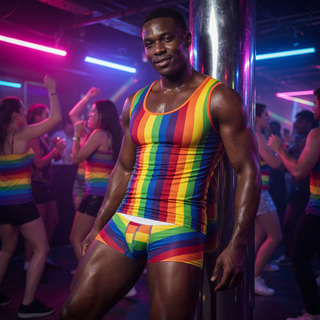 A muscular man in a Rainbow Stripes Pride 2-Piece Outfit, a form-fitting tank top and boxer-briefs, stands confidently under neon lights, embodying queer pride and empowering self-expression.