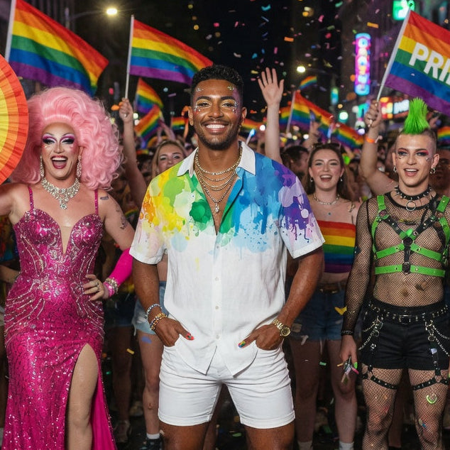 Rainbow paint-splashed short-sleeve shirt worn at a Pride parade