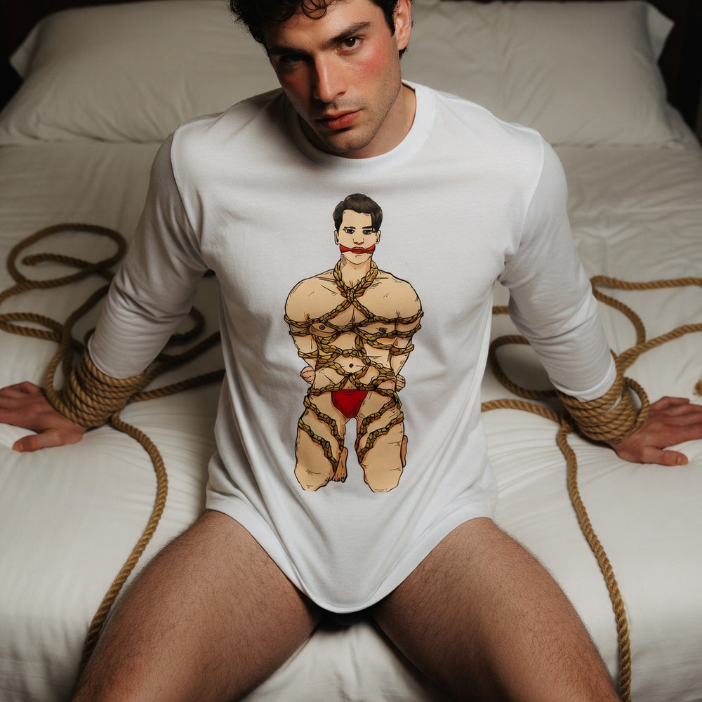 Front view of a person wearing a white long-sleeve shirt with a bound-figure graphic