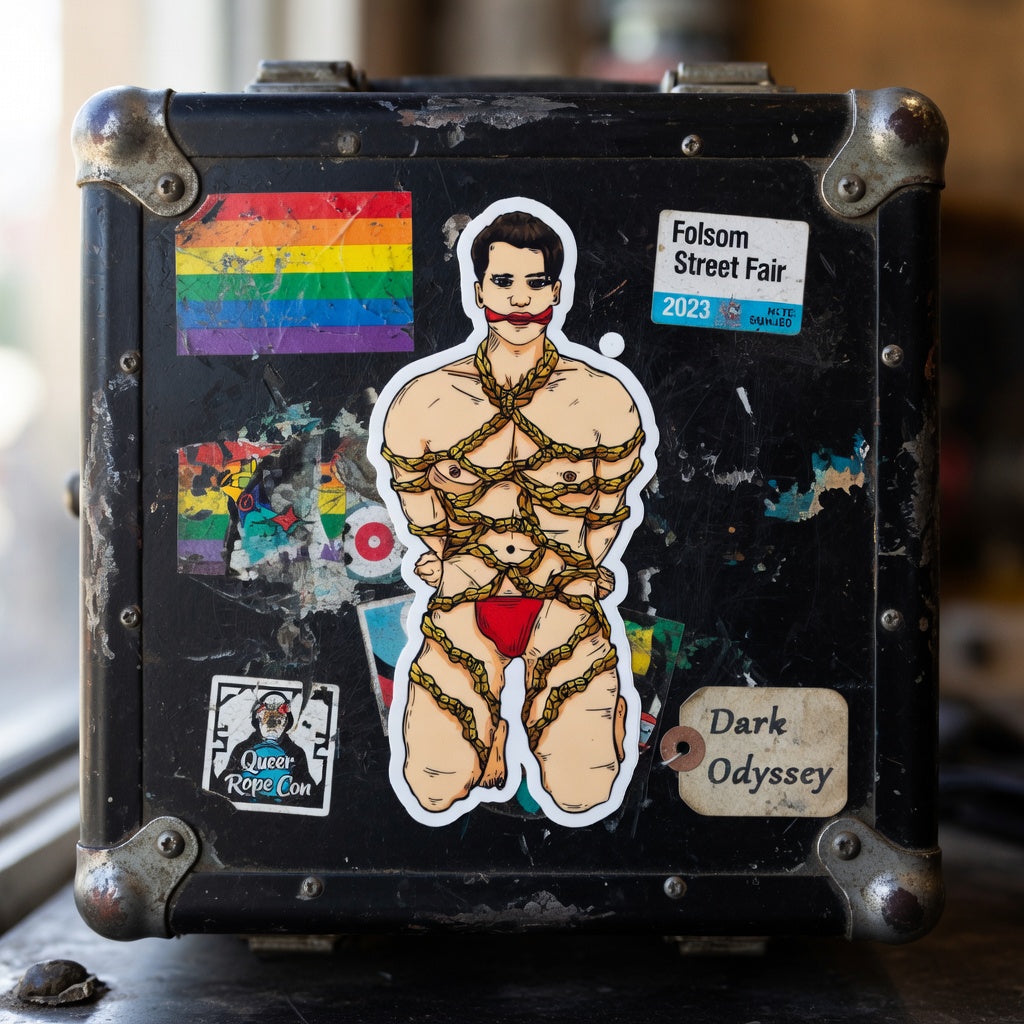 Black, well-loved suitcase covered in Shibari stickers: rainbow pride flag, "Folsom Street Fair 2023", Dark Odyssey, Queer Rope Con, plus red-underwear rope-bound art.