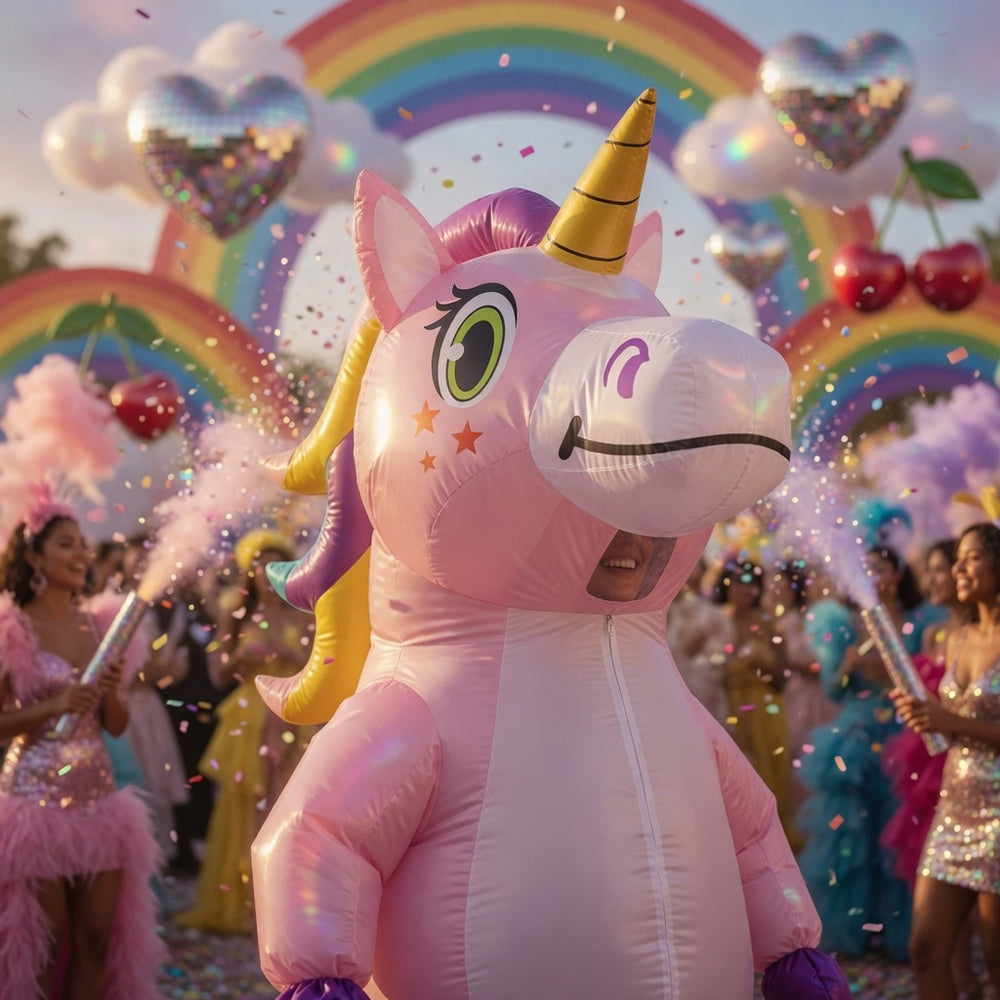 Pink inflatable unicorn costume with golden horn at a rainbow-themed celebration