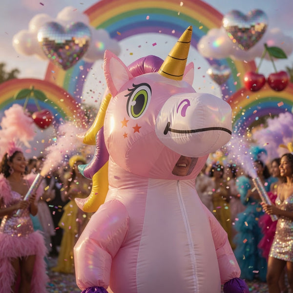 Pink inflatable unicorn costume with golden horn at a rainbow-themed celebration