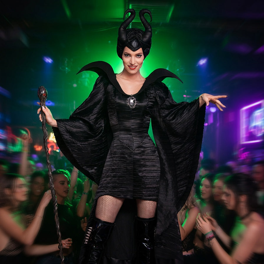 Maleficent-inspired black costume worn at a nightclub, with horns, flowing sleeves, fishnet tights and staff