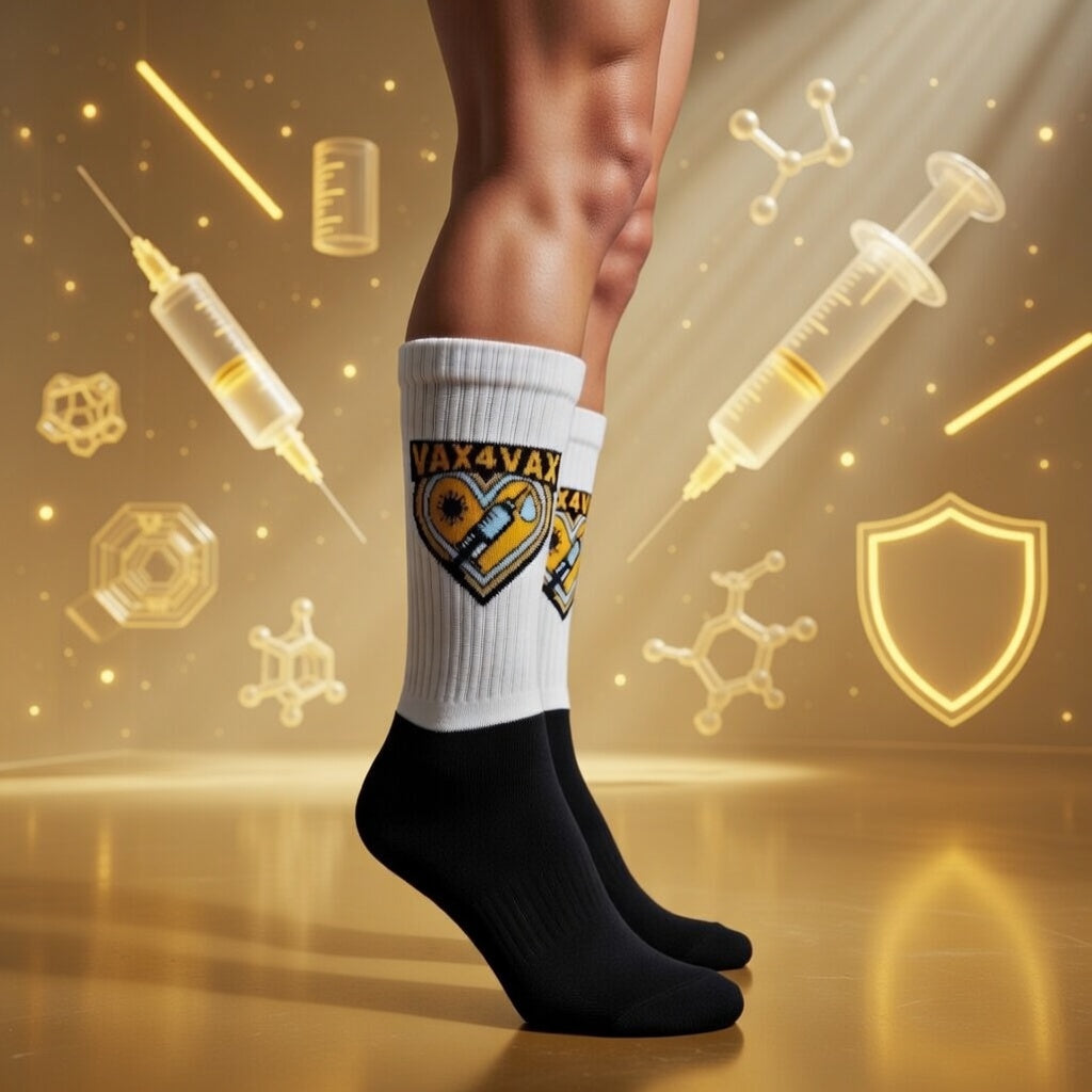 Crew-length socks in white and black, featuring a heart and syringe logo on the calf, gold background with science symbols.