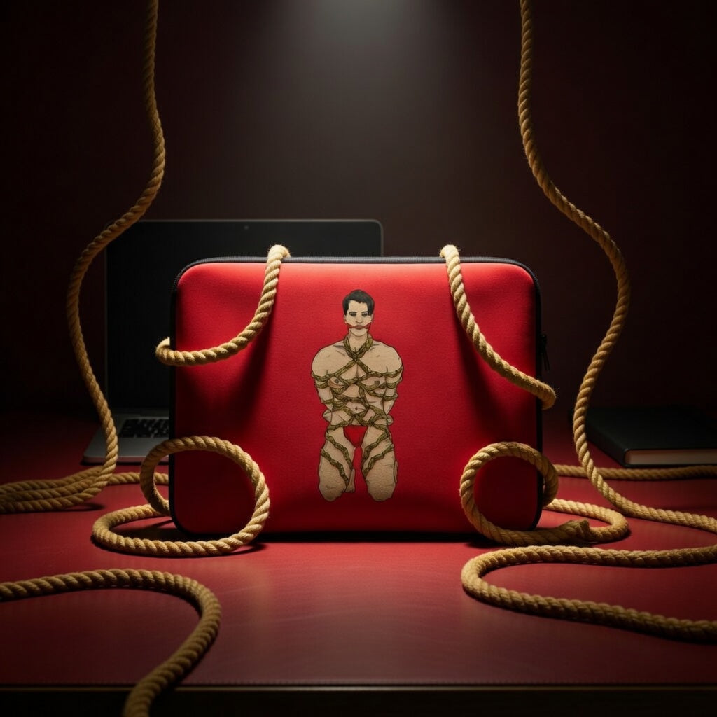 Red Shibari laptop sleeve with artwork of a tied-up figure on a desk, coiled ropes nearby, pride case and laptop in shadow.