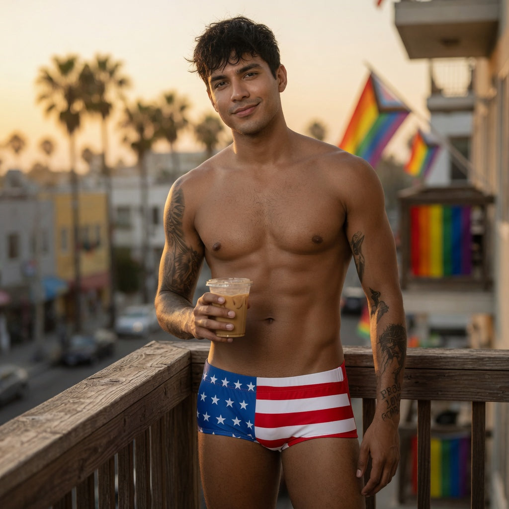 Model wearing American flag swim trunks on a balcony with Pride flags in the background
