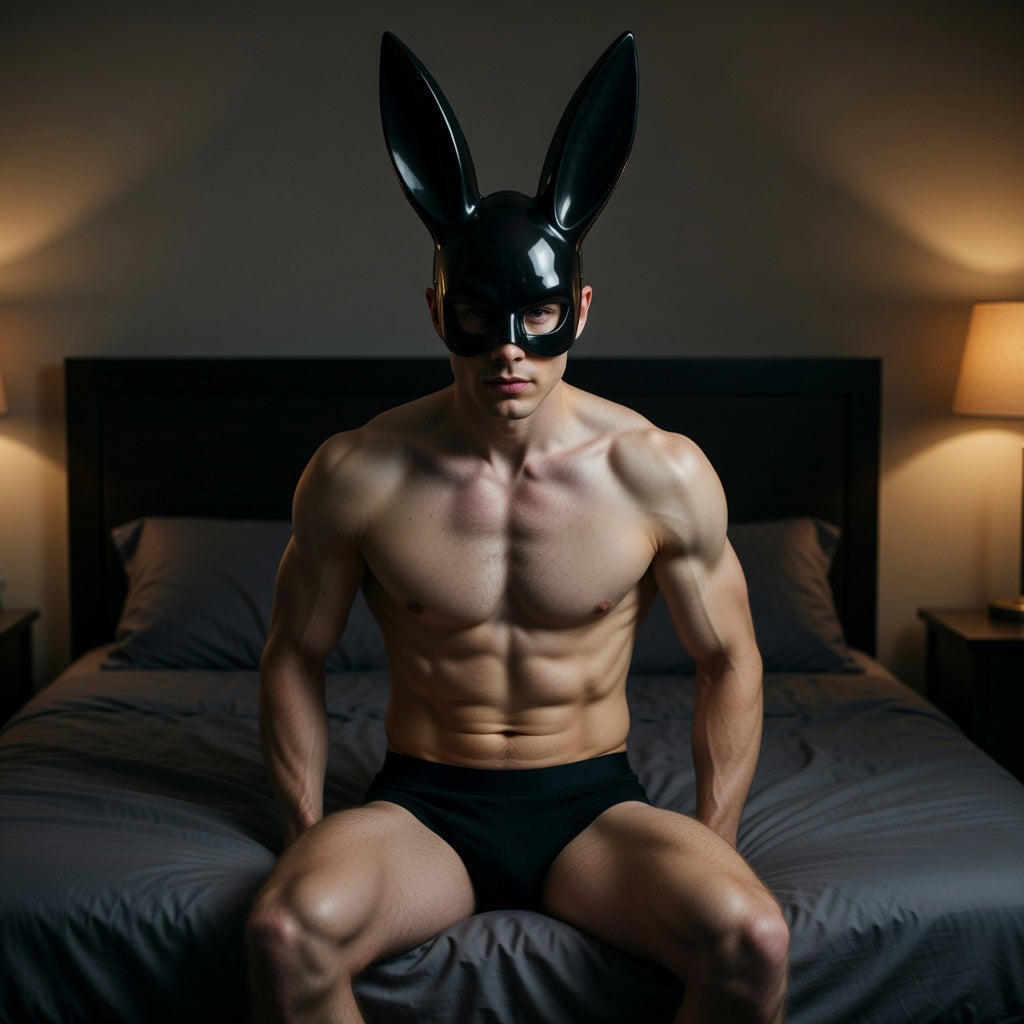 A shirtless man in black briefs dons the Rabbit Mystique Kink Ball Mask, featuring glossy rabbit ears, embodying queer empowerment and bold self-expression amidst a warmly lit bedroom setting.