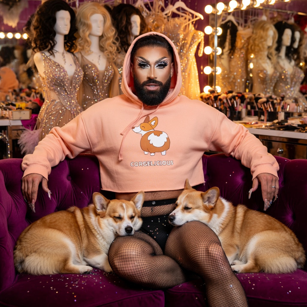 Peach Corgelicious Crop Hoodie on a bold-makeup wearer, lounging with two corgis on a purple couch among queer fashion vibes.