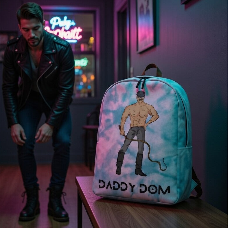 Daddy Dom Minimalist Backpack, front and center, with a bold "DADDY DOM" graphic: a buff dude in shades, hat, jeans, and whip.