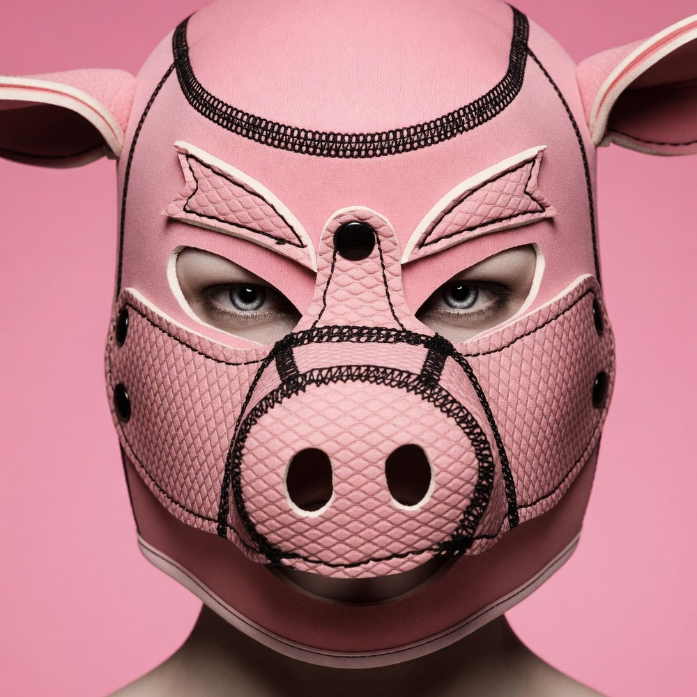 Close-up of a pink pig BDSM hood with mesh panels, snout, ears, and eye openings
