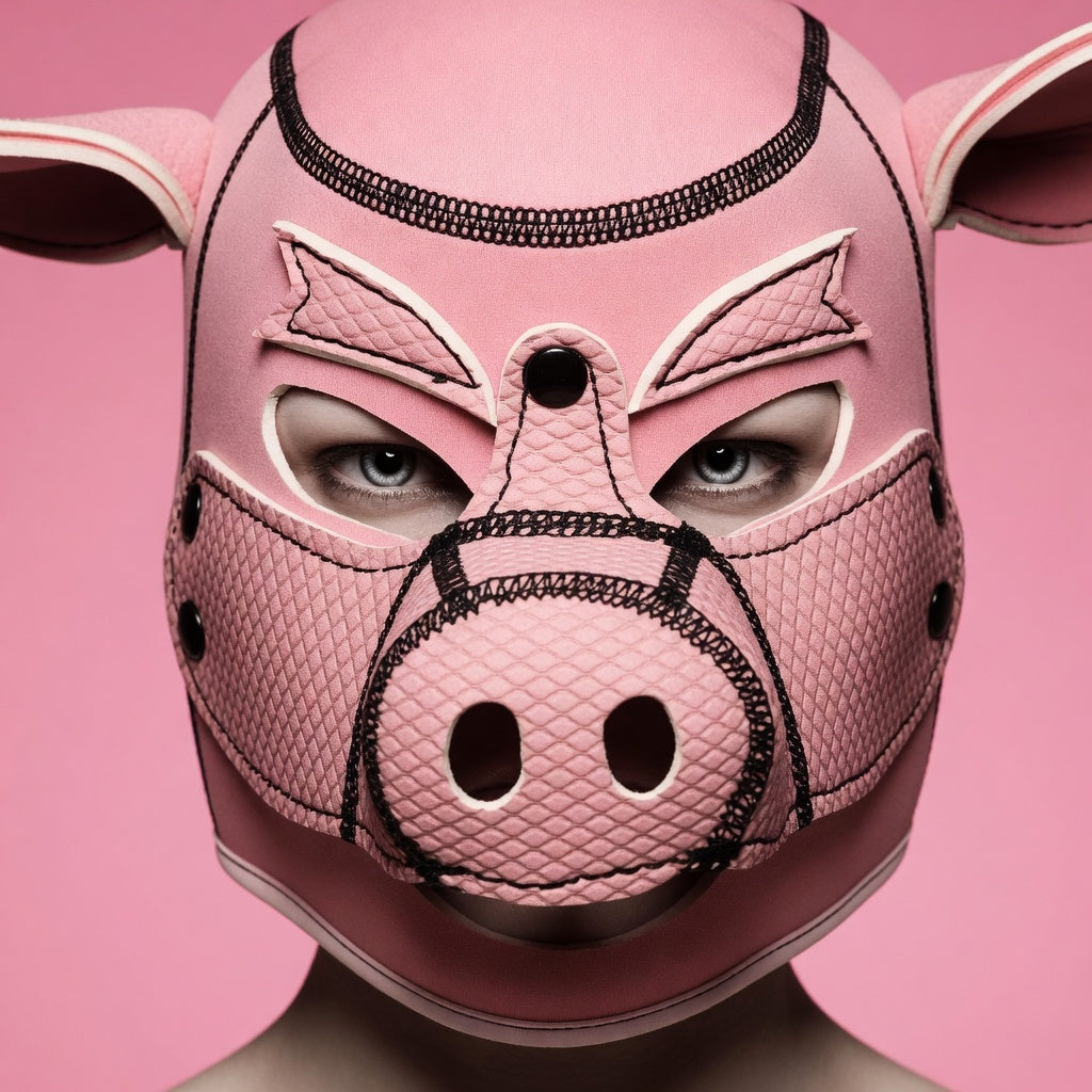 Close-up of a pink pig BDSM hood with mesh panels, snout, ears, and eye openings