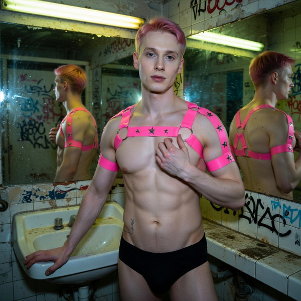 Front-facing model wearing a fluorescent pink, star-studded elastic chest harness in a graffiti-covered bathroom