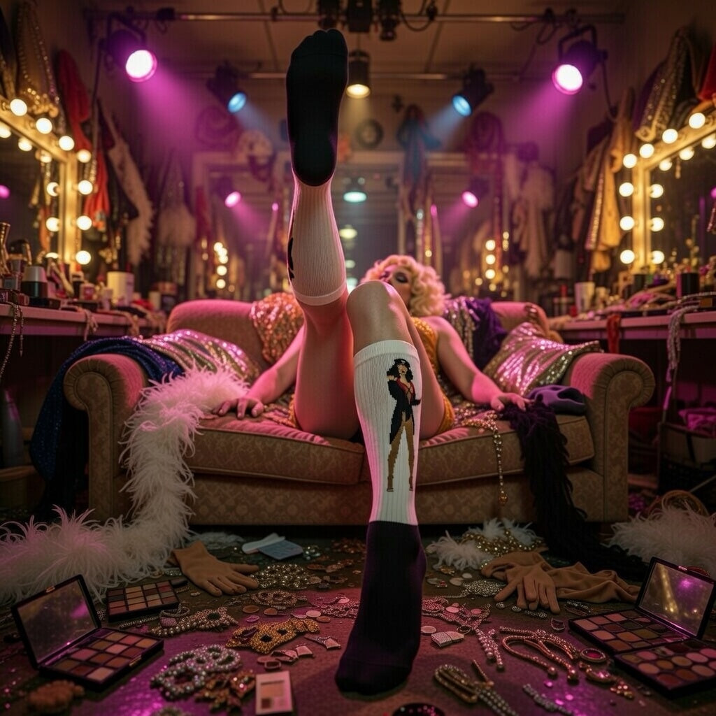 Cher Burlesque Socks in view as a person lounges on a messy couch; pink and yellow-lit queer dressing room with costumes and makeup.
