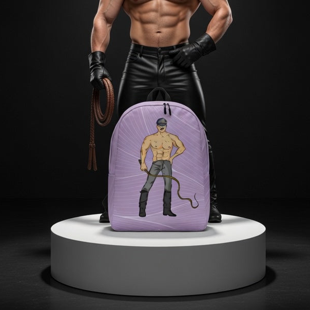 Minimalist backpack on a white pedestal, featuring a shirtless daddy in boots and cap with whip; behind, leather-clad figure with braided whip.