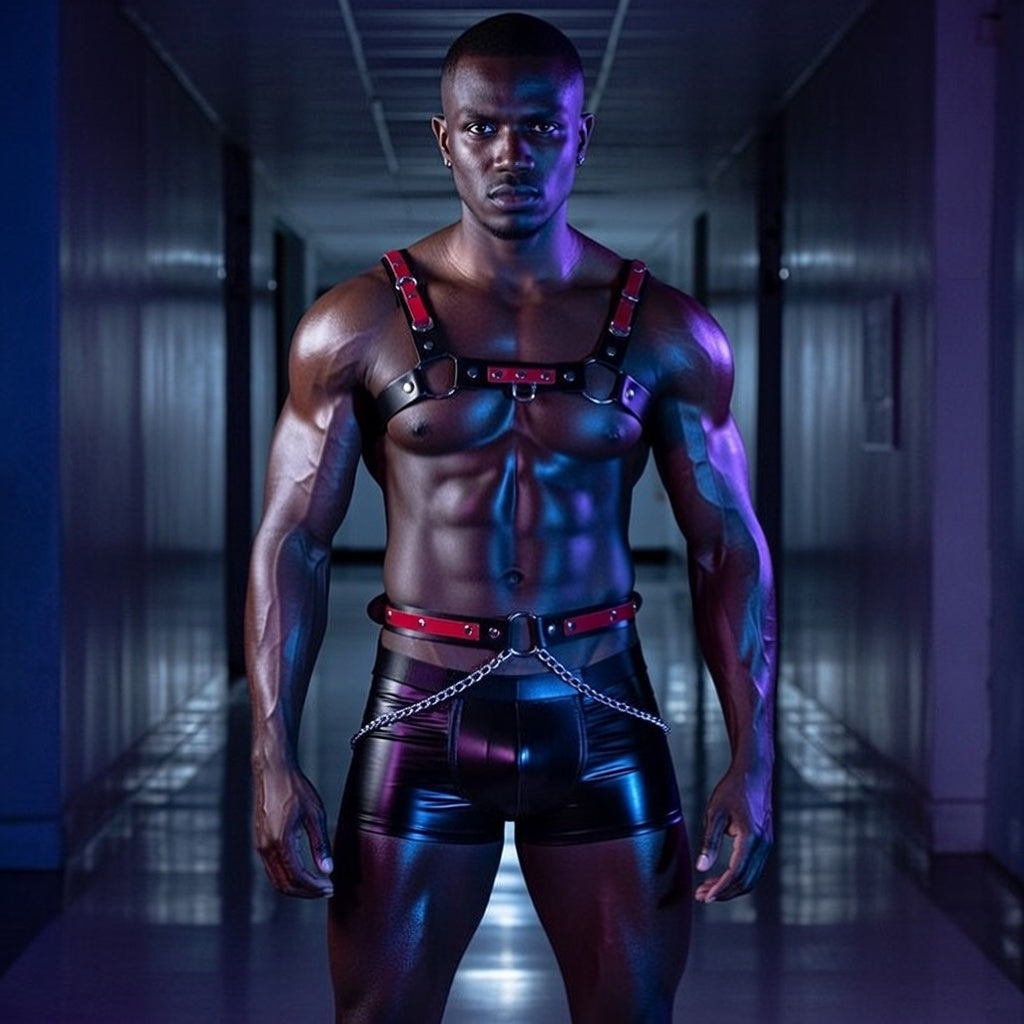 Midnight Master Restraint Outfit: black and red harness, chain belt, matching shorts on a muscular guy, queer vibe under blue-purple lights.