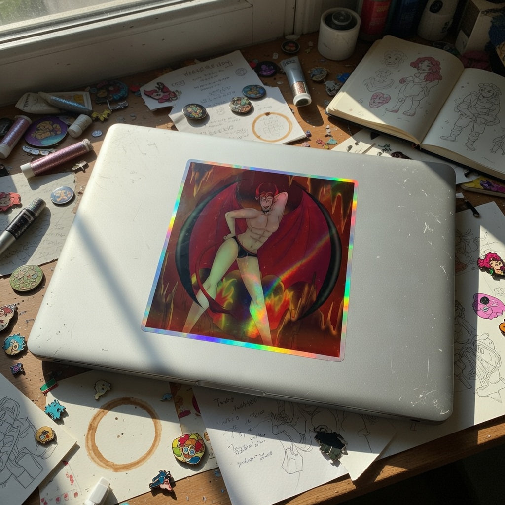 White laptop with bold "The Demon Of Homosexuality" holographic sticker, Rainbow Vinyl Decals, art pins, and sketchbooks on a sunlit desk.