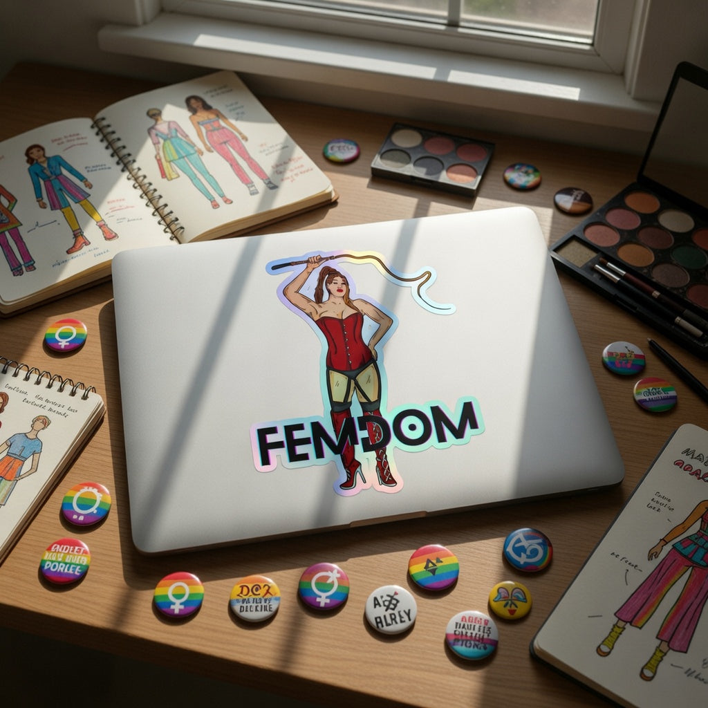 Laptop covered by a bold, holographic Femdom sticker of a woman in red and green, surrounded by queer stickers, pride buttons, makeup, and sketchbooks. Sunlight streams in.