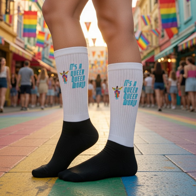 Person wearing white-and-black “It’s a Queer Queer World” socks on a rainbow street