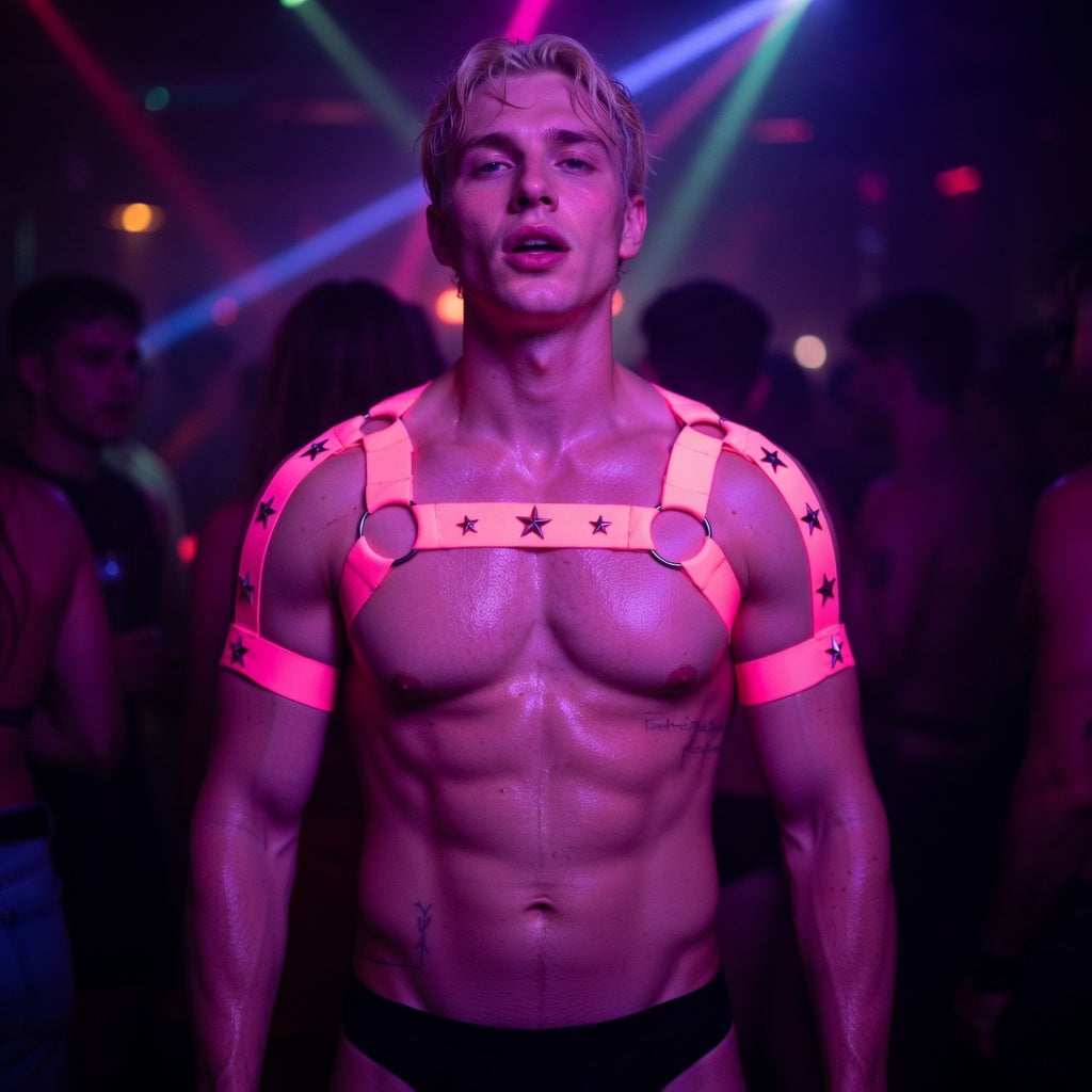 Front view of a shirtless model wearing a fluorescent pink star-pattern elastic harness at a club