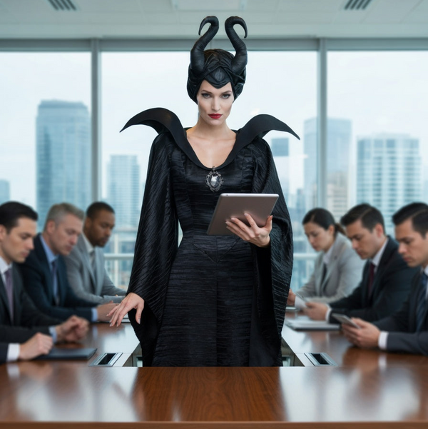 Model wearing a black Maleficent-inspired costume with horned headpiece and winged cape in an office