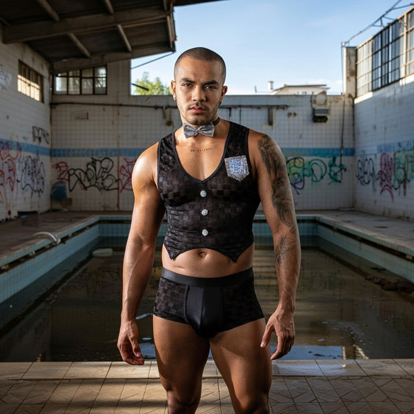 Front-facing model in a black sheer mesh tuxedo vest, bow tie, and briefs