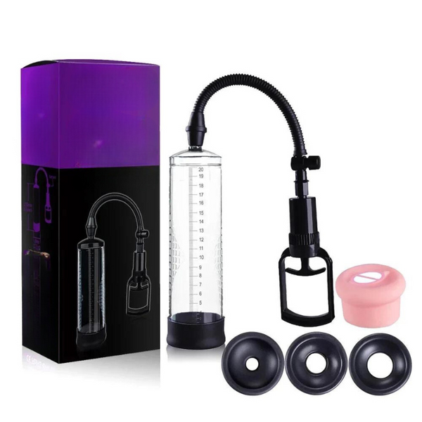 Penis vacuum pump kit with graduated cylinder, hand pump, rings, and pink seal