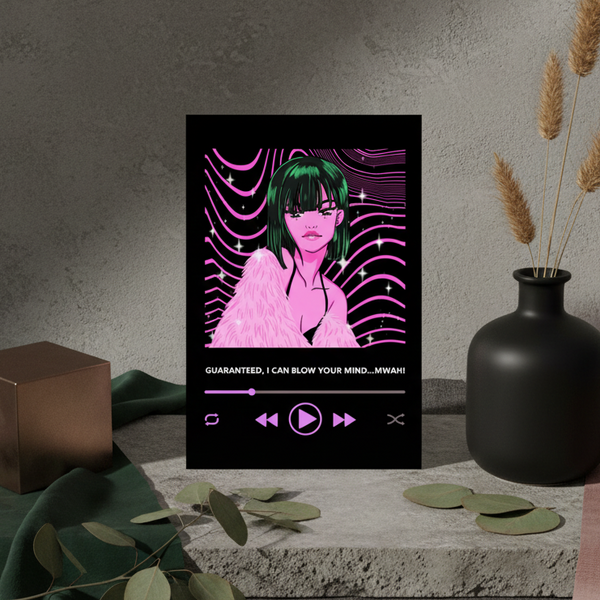 Postcard showing a green-haired person in a pink fur coat above media-player controls