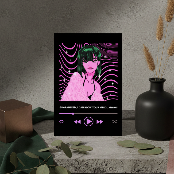 Postcard showing a green-haired person in a pink fur coat above media-player controls