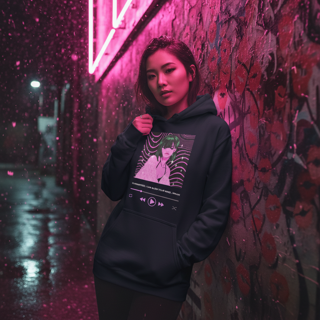 Model wearing a black hoodie with an anime graphic and “Guaranteed, I Can Blow Your Mind...Mwah!” text